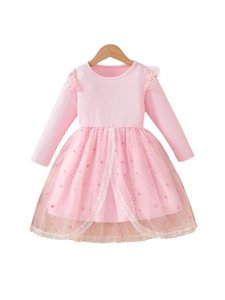 Pink long sleeve girl princess dress with star print mesh skirt and lace trim details