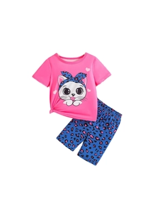 Pink toddler girl cotton T-shirt and blue leopard cat pattern shorts summer outfit