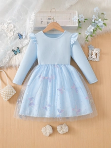 Robe Manches Longues Filles Jupe Tulle Broderie Papillon Tricot Côte Volants Robe Princesse Tenue Fête Douce
