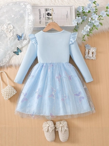 Robe de princesse bleue à manches longues pour filles avec broderie papillon et tulle