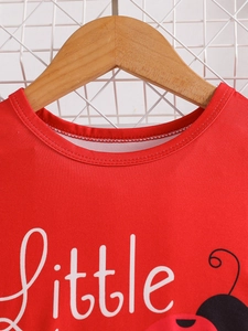 Girls red cotton T-shirt with little ladybug print and ribbed crew neck summer top