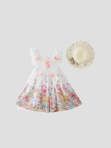 Girls Sleeveless Floral Dress And Straw Hat Cotton Blend Summer Pastoral Princess Style Outfit For Toddlers
