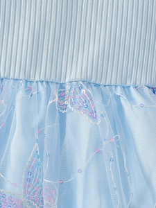 Robe bleue à manches longues pour filles avec haut côtelé et jupe en tulle pailletée