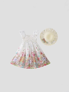 Floral print sleeveless girls dress with matching straw hat set for summer wear