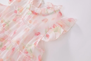 Detail eines rosa Chiffonkleids für Mädchen mit Rüschenkragen und Flatterärmelstruktur