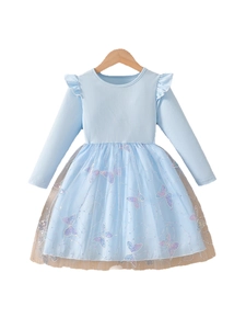 Robe fille à manches longues bleu clair avec broderie papillon et jupe en tulle étagé