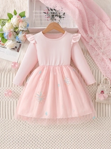 Robe Fille Manches Longues Tricot Côtelé Maille Tulle Flocon De Neige Séquins Princesse Tenue De Fête Pour Enfant