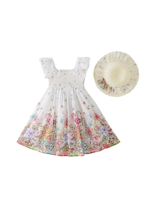 Floral sleeveless girl dress with matching straw hat for summer beach and outdoor play