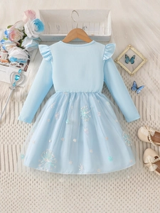 Robe princesse bleue à manches longues pour filles avec jupe en tulle et sequins argentés