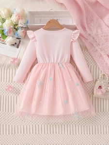 Robe princesse rose à manches longues pour filles avec sequins et jupe en tulle multicouche