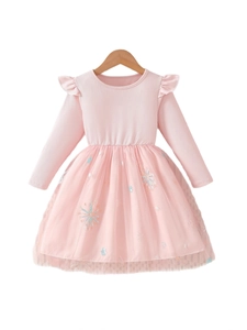 Robe princesse rose à manches longues avec broderie flocon et jupe en tulle multicouche