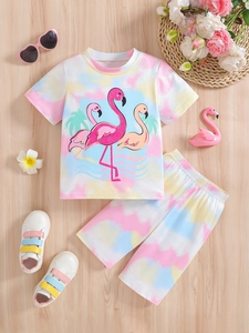 Tenue Décontractée En Mélange De Coton Pour Fille Avec T-Shirt À Manches Courtes Imprimé Flamant Rose Tie Dye Et Short
