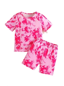 Girl's summer tie-dye two-piece set featuring pink short-sleeved t-shirt and casual shorts