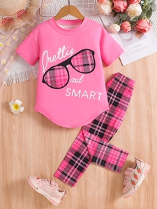 Girls Short Sleeve Pink T-shirt And Plaid Pants Casual Summer Outfit Polyester Sunglasses Graphic Toddler Clothing