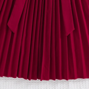 Detailed macro shot of dark red pleated dress fabric with waist tie decoration