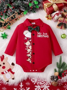 Baby Romper Long Sleeve Cotton Christmas My 1st Christmas Cartoon Prints With Bow Tie