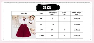 Size guide for girls red pleated dress featuring measurements for ages 8 to 12 years