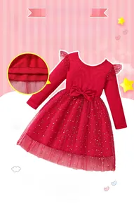 Close-up of red girls' dress showing neat stitching and gold star tulle detailing