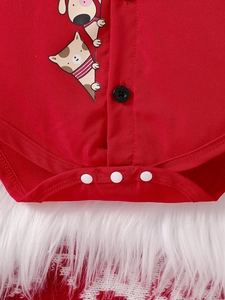 Red cotton baby Christmas romper with cute puppy and cat prints and button closure