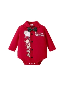Red Christmas long sleeve baby romper with My 1st Christmas print and reindeer motif