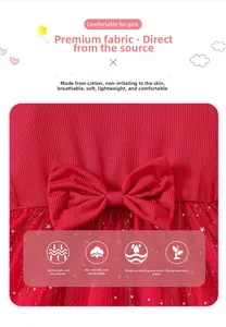 Detail of girls' red princess dress showing cotton knit bodice and gold star tulle skirt