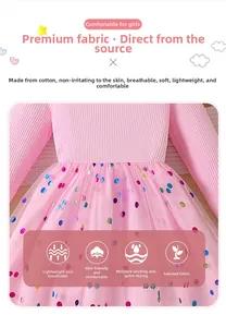 Detail of pink cotton knit bodice and layered mesh skirt with colorful polka dots