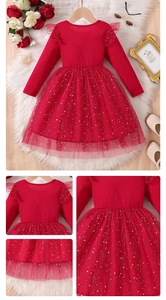 Detailed close-up of girls red dress featuring golden star sequins and lace flutter sleeves