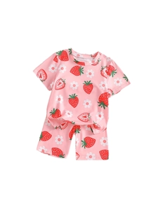 Pink summer pajamas set for girls with cute red strawberry and white flower patterns