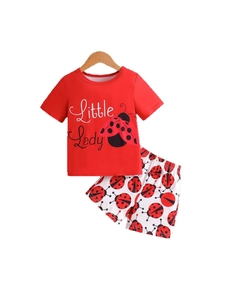 Girls' summer two-piece outfit featuring a Little Lady print tee and ladybug shorts