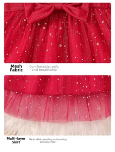 Detailed close-up of red tulle princess dress with gold stars and layered mesh skirt