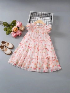 Kleinkind Mädchen Sommer Tulpen Blumen Prinzessin Kleid Rüschen Flügelärmel Gestuftes Kleid Kinder Süße Lässige Party Kleidung