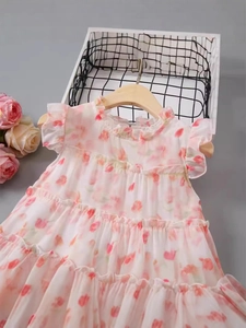 Mädchen Sommer Blumen Prinzessinnenkleid mit Flügelärmeln und gestuftem Rockdesign