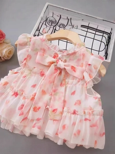 Mädchen Blumen Prinzessinnenkleid mit Tulpenmuster, Rüschenkragen und Schleife