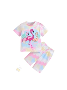 Ensemble d'été tie-dye pour filles avec motifs de flamants roses et short à la taille