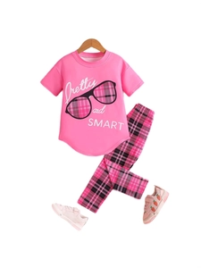 Pink short sleeve top and checkered pants two-piece girl's set with sneaker