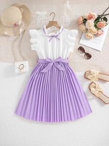 Girls Summer Short Sleeve Patchwork Dress Sweet Bow Knot Pleated Princess Dress For School Party Daily Wear