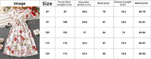 Detailed size chart for girls' floral summer dress showing measurements from 8Y to 12Y