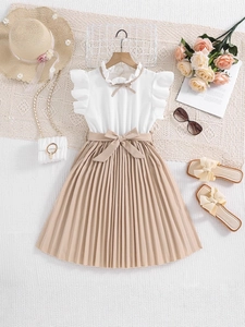 Elegant girls white sleeveless pleated dress with khaki bow belt and ruffled collar detail