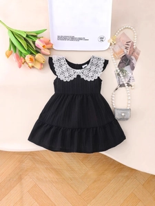 Baby Girls Sleeveless Dress With Large White Lace Collar Black Vertical Ribbed Princess Summer Clothing