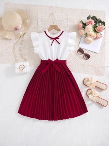 Elegant girls white and red pleated princess dress with bow belt and academic style