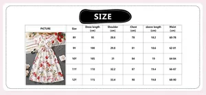 Size chart for girls' floral summer dress with measurements for ages 8 to 12 years