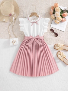 Girls sweet white and pink two-piece style princess dress with bow belt and frill sleeves