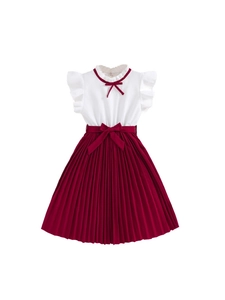 Girls red academy style dress with white short sleeves and pleated skirt for summer wear