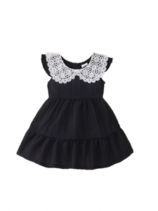 Girls black ribbed summer dress with white lace collar and pleated tiered skirt