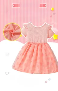 Detail of pink summer girl dress showing striped knit bodice and ruffled sleeves texture