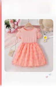Detail of pink girls' dress with heart-patterned tulle skirt and ruffled mesh sleeves
