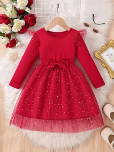Girls Long Sleeve Princess Mesh Tutu Dress With Gold Star Sequins And Large Bowknot For Party Celebration Everyday Wear