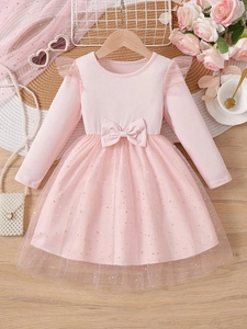 Pink long-sleeve tutu dress for girls with star sequins and mesh ruffles for parties