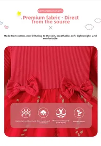 Detail of red girls dress with cotton rib knit bodice and sequined mesh skirt bows