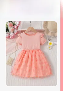 Close-up of pink girls' short sleeve dress with ribbed bodice and layered tulle skirt